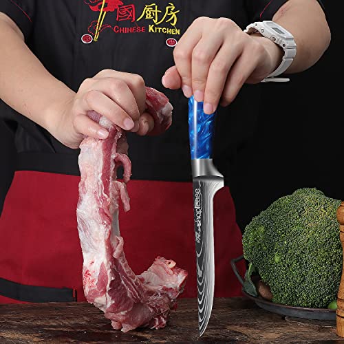Professional 6-Inch Boning Knife, Blue Resin Handle, Damascus Pattern Blade, Sharp Hand-Edged Steel with Perfect Balance Pinch Point, for Meat Deboning, 15.3cm Blade Length - Image 6