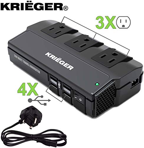 Transformador de Voltaje Krieger, 200 Vatios de Potencia Convierte 220-230 Voltios a 110V. El Convertidor Incluye 3 Toma Corrientes CA y 4 Puertos de Carga USB  Conector de Entrada Tipo UK