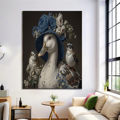 Cuadros salón modernos y pasillos: lienzo de pato blanco con sombrero floral de GDJSMIN