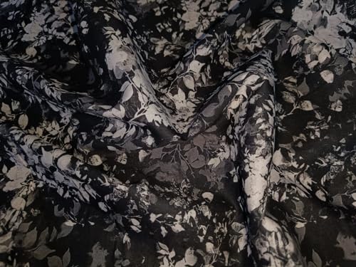 100% Linen Floral Digital Print Black and White Fabric 44
