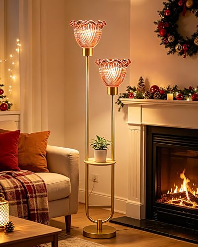 Image of Lightdot 2-Lights Modern Glass Floor Lamp with Table Gold Standing Tall Lamps with Pomegranate Red Glass Shade, LED Floor Lamp with Foot Switch for Living Room Bedroom Home Decor (Bulbs Included)