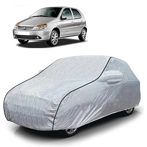 Image of Sulfar 100% Waterproof Car Body Cover Compatible with Mirror for Tata Indica V2 (Triple Stitched, Full Bottom Elastic, Magic Silver with Black Piping)