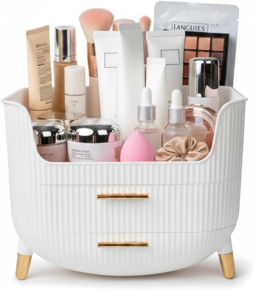 INOVERA (LABEL) Cosmetic Makeup Organizer with Drawer - Countertop Vanity Storage Case - Dressing Table Cosmetics Display Cases for Women & Girls (White)