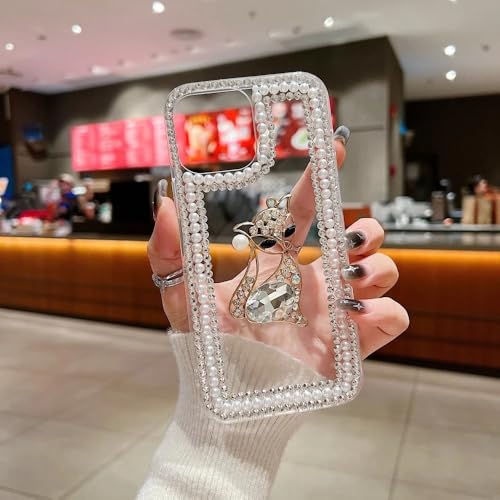 Image of COVERLY Luxury 3D Rhinestone Pearl Diamond Bling Kitty Phone Case for iPhone 15 Pro Max - Sparkle DIY Handmade Crystal Design, Soft Fashion Protective Case with Adorable Phone Charm for Women & Girls