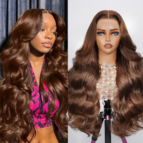 DOLLY PRETTY 30 Inch Chocolate Brown Lace Front Wig 13x6 Body Wave 150% Density Hd Lace Front Wigs Human Hair Pre Plucked 4# Colored Wigs
