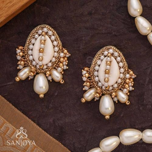 Image of SANJOYA by EVERSTYLISH Embroidered Earrings for Women | Shell, Beads & Pearl Drop Studs | Lightweight Ethnic & Festive Jewelry for Weddings, Parties & Special Occasions