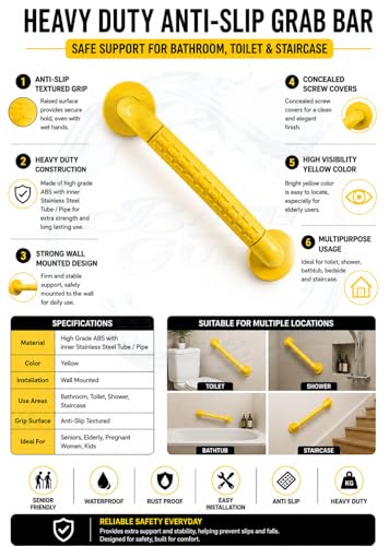 Image of BATH GURU Heavy Duty Anti-Slip Grab Bar for Bathroom & Toilet, Yellow Safety Handle with Stainless Steel Core, Wall Mounted Support Rail for Senior Citizens, Elderly, Shower & Staircase (15 Inch)