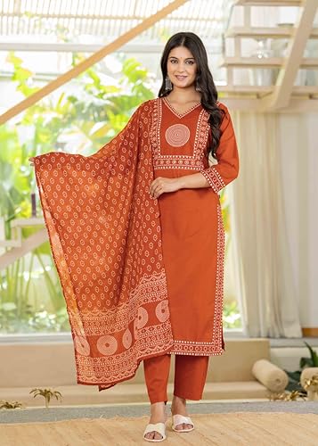Image of Pistaa's Women's Ethnic Motifs Printed Regular Pure Cotton Kurta with Trousers With Dupatta Set