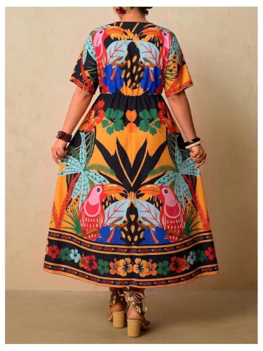 Image of Floerns Women's Plus Size Boho Hawaiian Tropical Dresses V Neck Short Sleeve Floral A Line Long Dress Vacation Beach Outfits