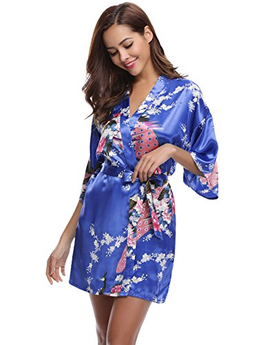 Aibrou Women's Kimono Robe Satin Peacock Bathrobe Short Silk Bridal Robe Diamond Blue