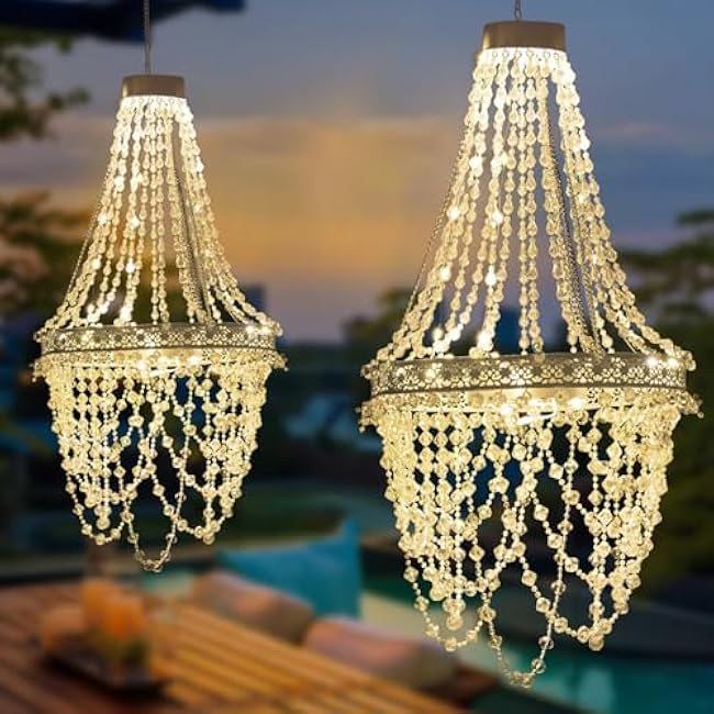 Solar Hanging Crystal Chandelier Outdoor Garden Decorative Lights Powerful Lithium Battery 54 Warm White LEDs Waterproof Hanging Lantern for Garden, Yard, Patio, Gazebo, Party, Wedding