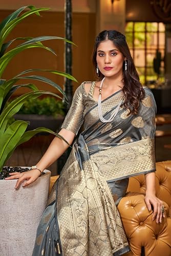 Image of SWORNOF Women's kanjivaram banarasi silk saree Zari Woven for festival Wedding silk with rich pallu Design sarees for women with Unstitched blouse piece
