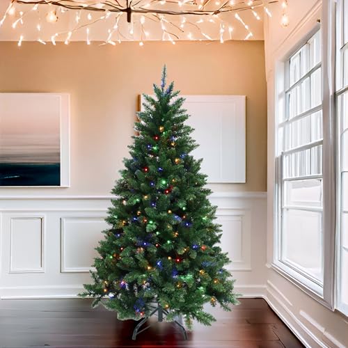 Image of Prelit Christmas Tree Artificial Hinged Xmas Tree with Stand,Multicolor Lights,Decorated for Home Holiday,7FT