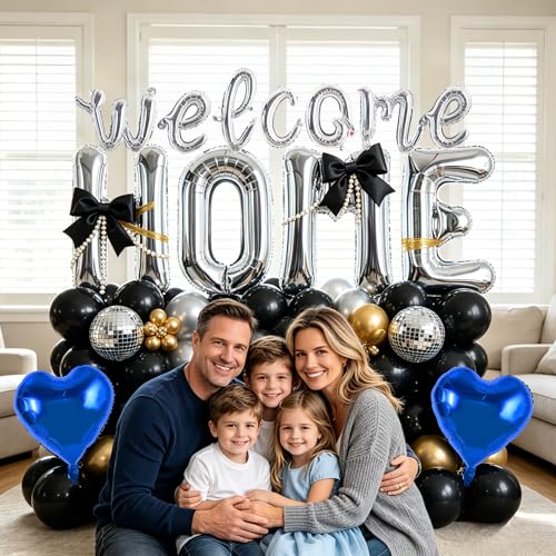 Image of TONIFUL 2 Size Silver Foil Welcome HOME Letter Balloons Banner Decorations