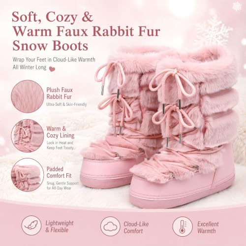 Image of ZHENAIYISHENG Furry Faux Fur Boots for Women - Fuzzy Winter Snow Boots - Fluffy Black White Pink Fur Boots - Lace-up Mid-Calf Water-Resistant Platform Boots