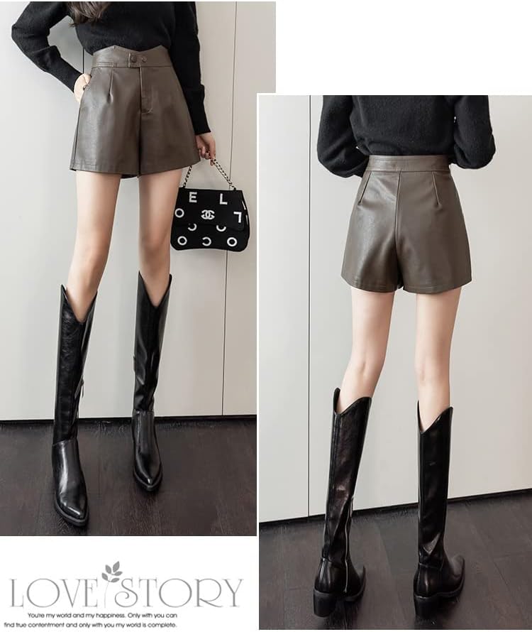Miniatura 5 de Autumn Winter Women's PU Shorts, Casual High-Waisted Loose Shorts Worn Outside with Boots