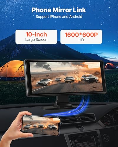 Image of VEVOR Wireless Car Stereo, 10-Inch HD Portable Radio Touch Screen with Apple CarPlay and Android Auto, CarPlay Screen with Front & Backup Cameras, Voice Control, Mirror Link, Bluetooth, GPS Navigation
