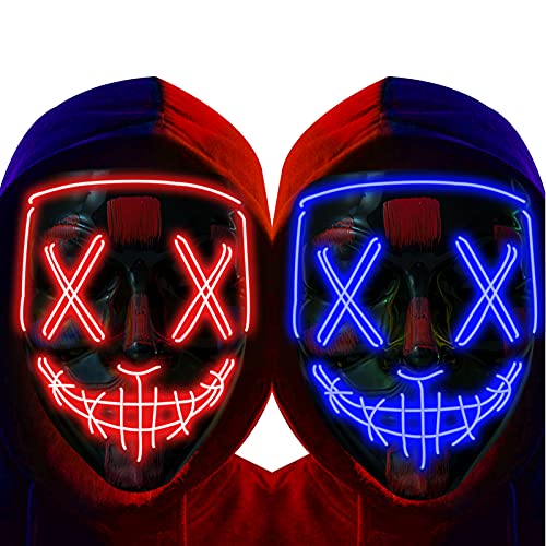 Halloween Mask LED Light up Mask (2 Pack) Scary mask for Festival Cosplay Halloween Costume Masquerade Parties,Carnival (Red+Blue)