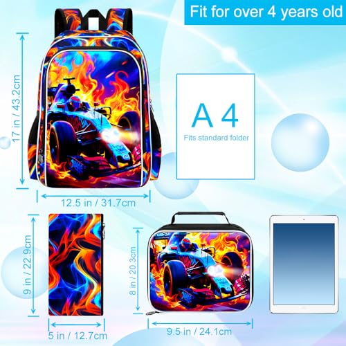 Image of 3Pcs Race Car Backpack, Boys Kids Bookbag with Lunch Box, 17 inch School Backpacks for Elementary Preschool Kindergarten (Fire Red)