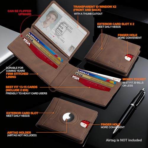 Image of Wallet for Men Slim RFID Blocking Bifold Carbon Fiber,Minimalist Small Compact Front Pocket Credit Card Holder,Thin Mens Leather Wallets Smart Security With 2 ID windows 1 Cash (Dark Brown)