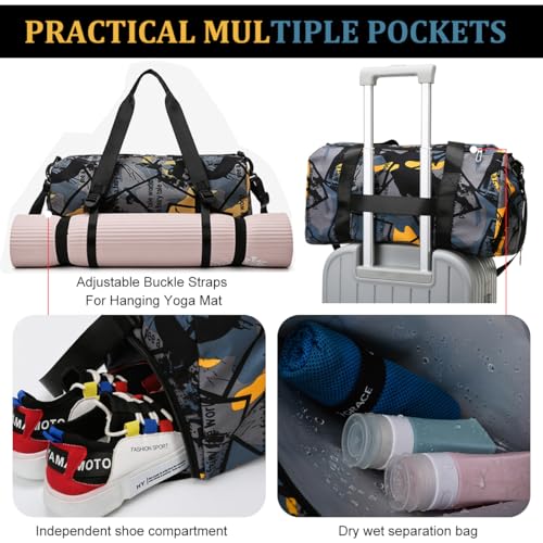Image of GUSTAVE Duffle Bags for Men Travel Luggage Bag with Removable Shoulder Strap, Waterproof Dry Pouch & Shoe Compartment, Fashion Stained Print Oxford Cloth Gym Bag Duffle Bag, 50x22x24cm
