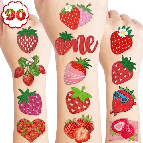 Sweet One Strawberry Themed 1st Temporary Tattoos 90 PCS Party Decorations Favors Supplies Berry First Theme Birthday Cute Fruit Tattoo Stickers Gifts for Boys Girls Kids Class School Prizes Christmas