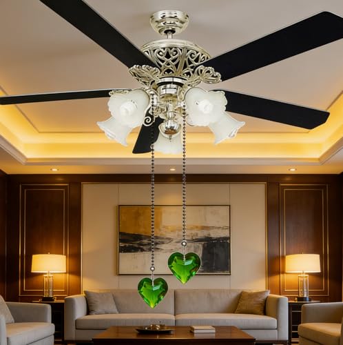 Image of 2Pcs Crystal Ceiling Fan Pull Chain Extender with Connector, 12 inch | K9 Crystal Glass, Not Acrylic, Heart Prism, Cut-To-Length Adjustable, Snap-On Connector For Fan, Light, Lamp (Green)
