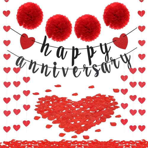 Tinlade 1008 Pcs Happy Anniversary Decorations Set Happy Anniversary Banner and Paper Flower Love Garlands with Rose Petals for Weddings, Valentine's Day and Anniversaries