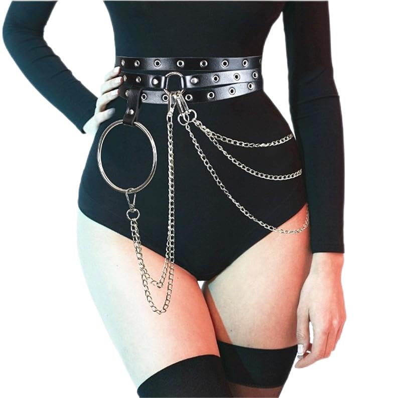 ObthelegPunk Waist Belt Chain Leather Black Belly Chains Layered Goth Body Accessories for Women and Girls