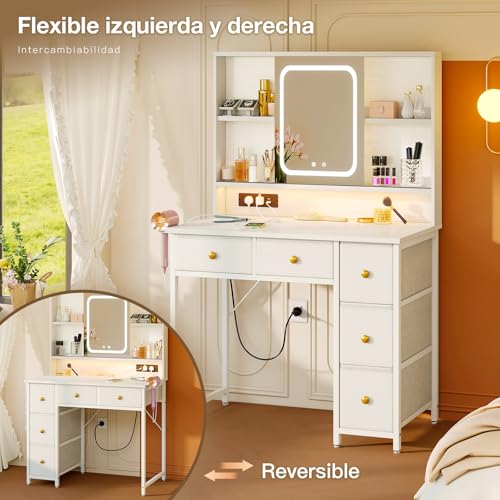 ODK Tocador con Espejo LED Ajustable & Enchufes USB Empotrados & Tira de luz RGB, Mesa de Tocador con 5 Cajones de Tela & Estantes 3 Niveles, Escritorio de Maquillaje Blanco 90×40×139cm - imagen 7