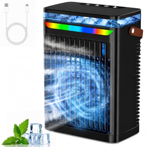 Portable Air Conditioner 3 in 1 Evaporative Cooling Fan Add Water or Ice 6 Wind Speeds 1-6H Timer 7-Colour Night Light Personal Desk Air Cooler for Bedroom Home Office Living Room (Black)