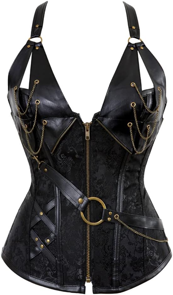 Hengzhifeng Women Steampunk Faux Leather Halter Clubwear Boned Corsets Bustiers Top