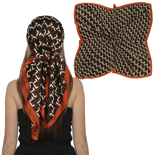 EXTREE Women's 35 inch Fashion Headscarf Silk Satin Scarf for Hair Wrapping at Night Bandana Square Scarf for Sleeping L Pattern Coffee Color