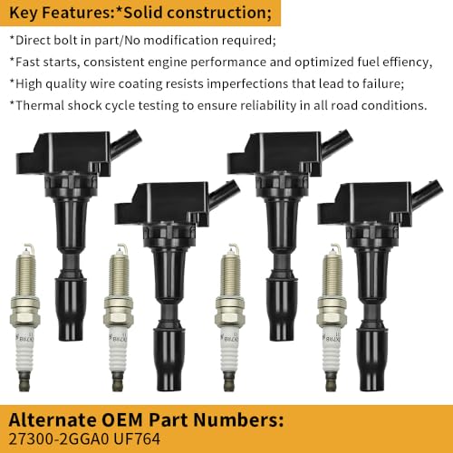 Image of Set of 4 UF764 Ignition Coil Pack with Spark Plugs Compatible with 2015-2019 Hyundai Sonata Hyundai Kia Optima Genesis G70 G80 G90 Kona N Santa Fe Sport Tucson 2.0L 5.0L 2.4L Replace# 27300-2GGA0
