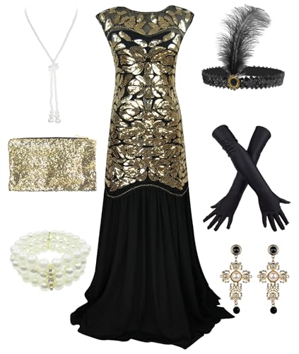 1920s Sequin Gatsby Maxi Long Evening Prom Mermaid Hem Dress w/Accessories Set (S, Gold)