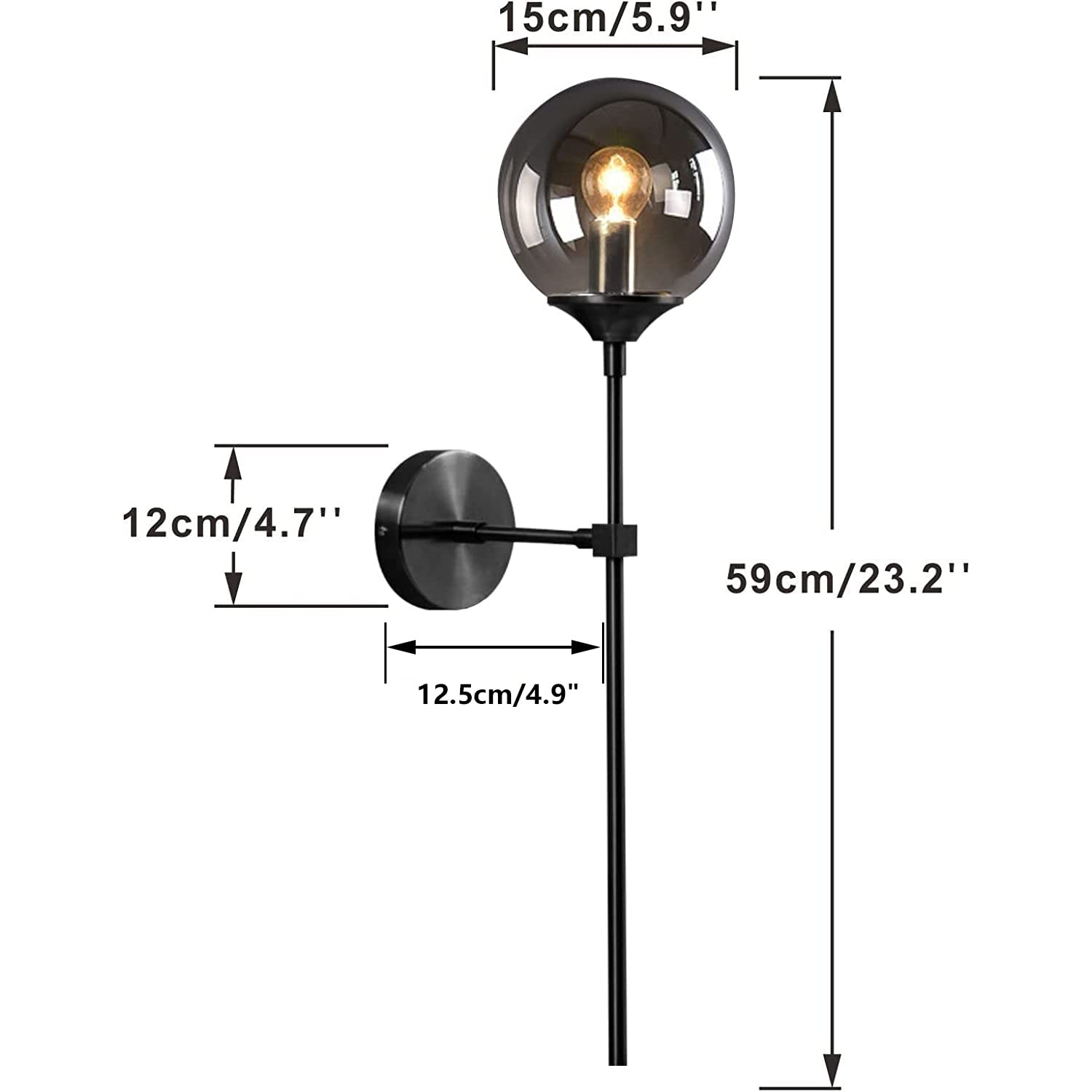 KCO Lighting Modern Smoke Grey Glass Globe Black Matte Slim Wall Sconce Light with Long Arm Vintage Industrial Wall Sconce for Hallway, Stairs, Bathroom Mirror