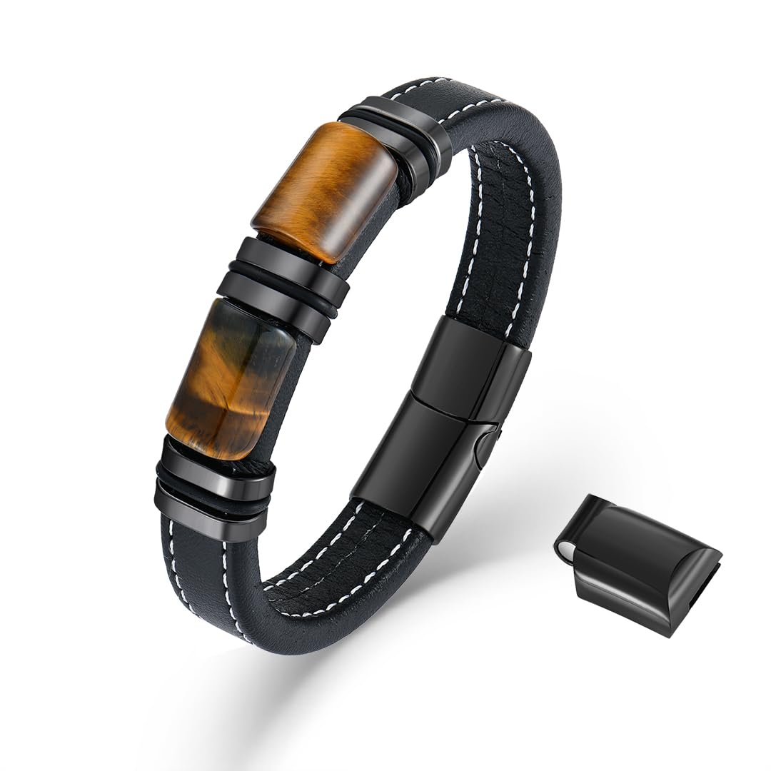 VA JENT Mens Tiger Eye Bracelets Microfiber Leather Cuff Bracelet for Men Gifts on Fathers Day Christmas Anniversary