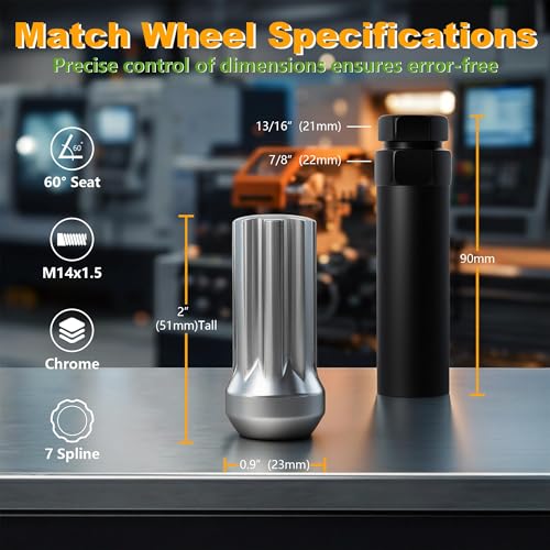 Image of [BRONEVO] 24pc M14x1.5 Spline Lug Nuts with 2 Socket Tools - 2 inch Long Chrome Nuts for Aftermarket Wheels - Replacement for Ford F150, Chevy Silverado, Ram 1500-60 Degree Conical Seat