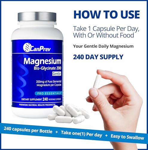 CanPrev Magnesium BisGlycinate Gentle 200mg, 240 v-Caps 240-Day Supply - Pure Elemental Magnesium Supplement, Supports Bone and Muscle Function, Gentle on Stomach, Perfect for Daily Magnesium Needs