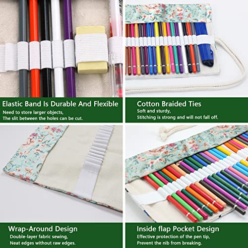 Image of Yitexin 72 Slots Canvas Pencil Roll Wrap, Handmade Roll-Up Pencil Case Pouch Fabric, Large Capacity Pencil Case Holder Organizer for Artists Painting, Sketchers(Flower)