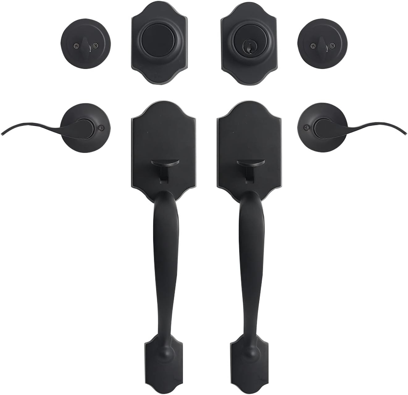 GUA OYH Front Door Handle Matte Black Double Door Handle Sets with Dummy, Double Door Lock Set Exterior Door Handle Set, with Single Cylinder Deadbolt, with Wave-Like Handle Lever, (L321020-B-S720) Matte Black (for Double Door) Traditional (Wave-Like Leve