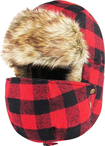Lumberjack Plaid with Detachable Mask Aviator Trapper Hat Trooper Ear Flaps Ushanka Eskimo Bomber Russian Cold (One Size, Red Black)