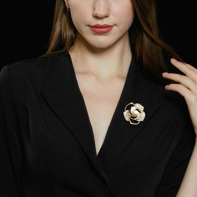 Image of Stunning 14K Gold Moissanite Camellia Brooch,With Openwork Design and Pearl Embellishments ,Ideal Shawl Buckle Accessory & Beautiful Gift