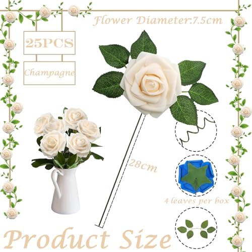25pcs Faux Champagne Roses Artificial Flowers Roses,Real Touch Foam Roses Fake Flowers Artificial Roses Bulk with Stem for Wedding Decor,Bridal Shower Crafts Home Baby Shower Valentines Day Decoration - Image 2