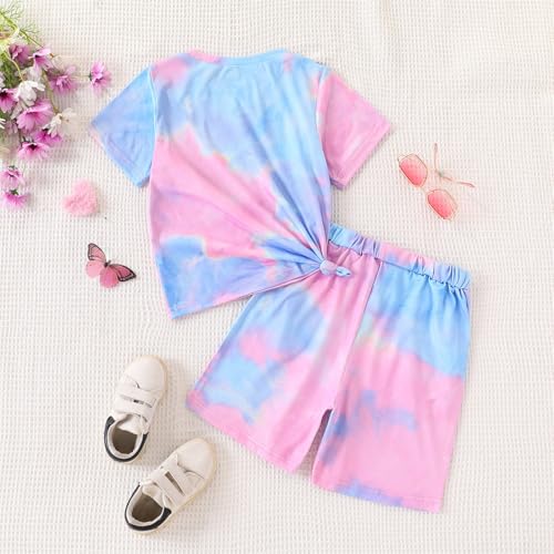 Image of 7-14Y Tween Girl Clothes 2 Piece Short Sleeve Tie Dye Heart Print Top and Shorts Teen Girl Summer Outfits Short Set