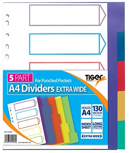 Tiger A4 5 Part Extra Wide Dividers for use with punched pockets (5 Pack)