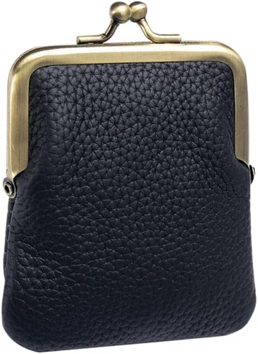 Women Genuine Leather Clutch Coin Purse Mini Kiss Lock Change Purse Wallet Slim Retro Coin holder Purse (Black)