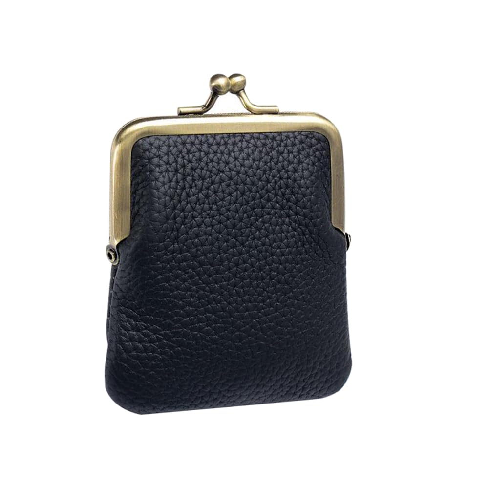 ZZHAOYI Women Genuine Leather Clutch Coin Purse Mini Kiss Lock Change Purse Wallet Slim Retro Coin holder Purse (Black)