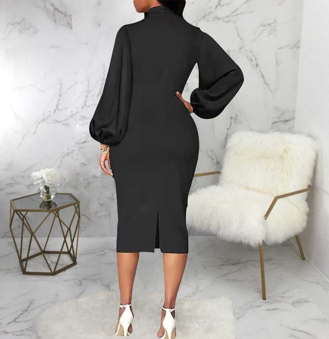 Sexy Long Sleeve Dress for Women Solid Color Bow Knot Turtleneck Formal Gown Midi Casual Church Dresses
