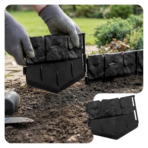 VOUNOT® Borde de Jardín Efecto de Piedra 2.14m, Césped Bordes Plástico Ultrarresistente y Flexible, Set 14 Borduras Exteriores Fácil de Instalar sin Cavar Zanjas para Tierra Cenefa Parterres Negro